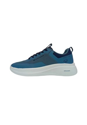 Scarpa da ginnastica blu e blu navy con suola bianca spessa, lacci neri, tomaia in mesh e sintetica, linguette di presa su lingua e tallone.