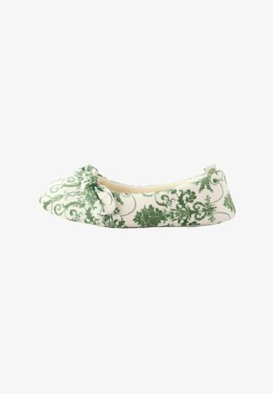Flats à motif floral vert avec un détail de nœud noué, fabriqués en tissu doux. Bout arrondi et semelle plate. Design léger et flexible.