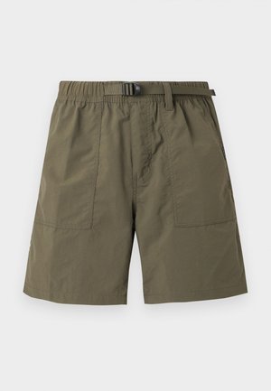 Casual shorts in olijfgroen met een elastische tailleband, voor een verstelbare gesp, en twee grote buikzakken.