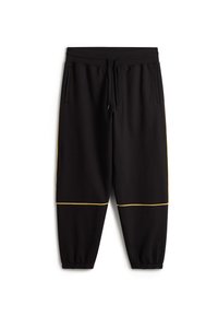 Schwarze Jogginghose aus weichem Material, mit verstellbarem Bund, Seitentaschen und gelben Akzenten entlang des Saums. Elastische Bündchen.