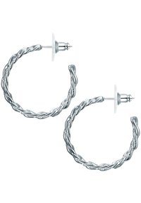 Silverfärgade hängörhängen med en vriden design. Har en slät yta och en push-back-låsning. Storlek och form som passar för vardagligt bruk.