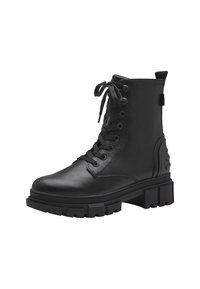 Bottes chelsea en cuir noir avec un bout arrondi, un laçage sur le devant, une tige haute et une semelle en caoutchouc épaisse avec une accent texturé sur le côté.