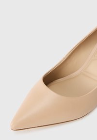 Nude nahkainen teräväkärkinen korkokenkä, jossa on sileä pinta ja avoimet sivut, varustettuna pehmustetulla sisäpohjalla mukavuutta varten ja tyylikkäällä muotoilulla.