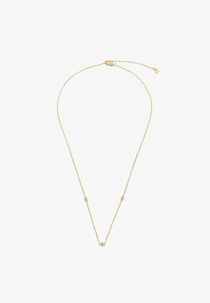 Gouden ketting met drie kleine, ronde kristalaccenten verspreid over de lengte, voorzien van een delicaat verstelbaar sluiting.