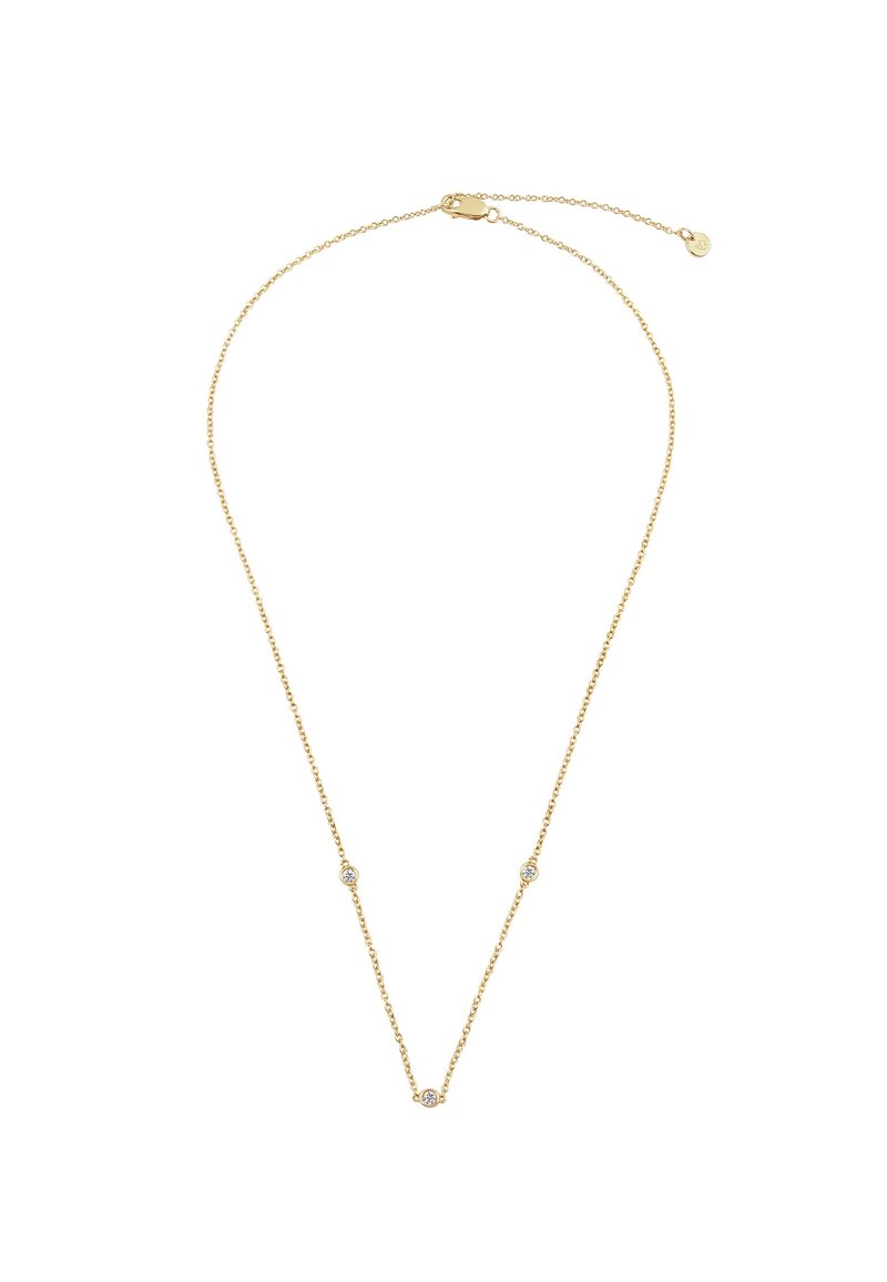 Guldhalskæde med tre små, runde krystaldekorationer placeret langs kædens længde, med en delikat justerbar lås.