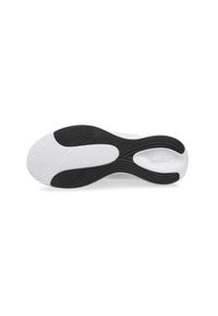 Suela de zapatilla blanca con secciones de goma negra, que presenta surcos texturizados y un diseño ondulado para proporcionar tracción. Logo de la marca grabado en el talón.