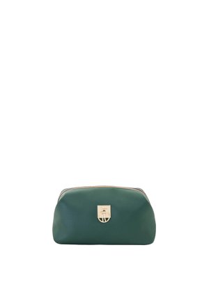 Borsa cosmetica in pelle verde con forma arrotondata, chiusura in metallo dorato e superficie liscia. Presenta una leggera lucentezza e nessun motivo visibile.