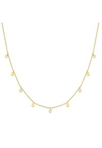 Zelta ķēdes kaklarota ar maziem dekoratīviem diskiem un caurspīdīgiem pērlītēm, kas vienmērīgi izkārtotas, izceļot smalku dizainu un gludu tekstūru.
