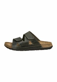 Černé kožené sandály s korkovou stélkou, otevřený design se zdobenými výřezy, prošívané detaily a texturovaná gumová podrážka.