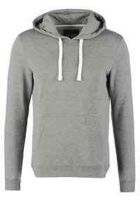 Grå hoodie med kenguruficka, vita dragsko, ribbade mudd och fåll. Tillverkad av mjukt, texturerat tyg. Klassisk avslappnad passform.