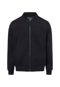 Bomberjacke aus schwarzem Stoff, mit Reißverschluss vorne, gerippten Bündchen und Kragen sowie zwei Seitentaschen. Futter zeigt ein detailliertes Muster.