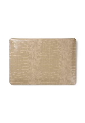 Beige clutch with a crocodile texture, featuring a smooth surface and rounded edges. No visible hardware or additional accents.