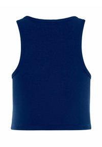 Sügavsinine ilma varrukateta tank-top, mis on valmistatud pehmest ja venivast kangast. Omab ümmargust kaelust ja closely-fitting disaini ilma kaunistusteta.