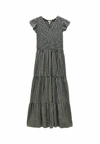 Schwarzes und weißes Gingham-Muster Maxikleid mit V-Ausschnitt, kurzen Rüschensäumen und drei Lagen gerafftem Stoff am Rock.