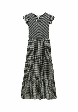Black and white gingham-pattern maxi dress with a V-neck, short ruffled sleeves, and three tiers of gathered fabric at the skirt.