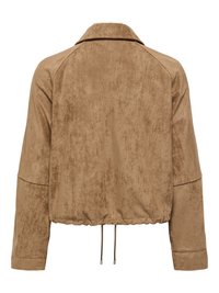 Vue arrière d'une veste en daim marron clair avec manches longues, col et ourlet à cordon de serrage ajustable.