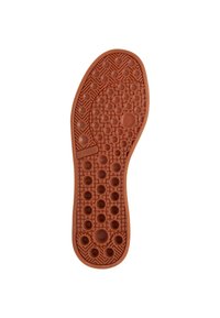 Gummisohle in einem rotbraunen Farbton mit einem strukturierten Muster, das erhabene kreisförmige und hexagonale Elemente für besseren Halt beinhaltet.