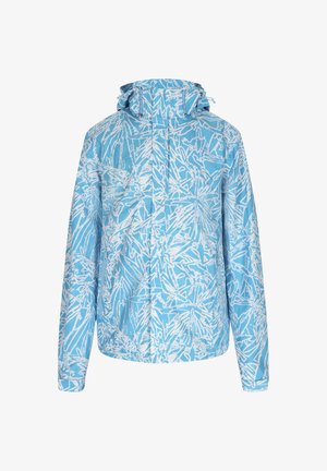 Világoskék vízálló dzseki, fehér absztrakt mintával, állítható kapucnival, hosszú ujjakkal és elöl zippes záródással.