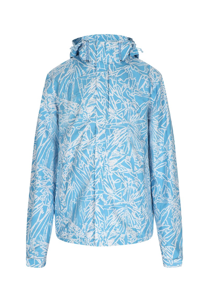Helleblaue wasserdichte Jacke mit einem weißen abstrakten Muster, verstellbarer Kapuze, langen Ärmeln und Frontreißverschluss.