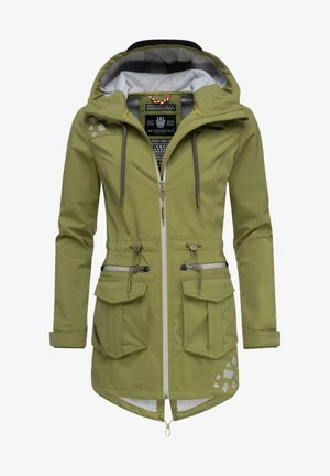 Veste imperméable vert olive avec capuche, plusieurs poches avant, fermeture éclair et détail de design géométrique à l'ourlet. Dispose de cordons de serrage.