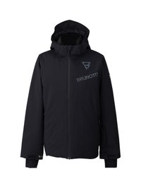 Crna zimska jakna s kapuljačom i prednjim patentnim zatvaračem, BRUNOTTI logo na prsima i rukavu, te prilagodljive manšetne s čičak trakama.