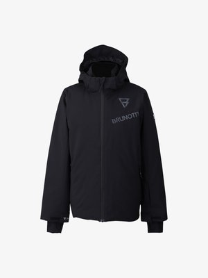 Černá zimní bunda s kapucí, přední zip, logo BRUNOTTI na hrudi a rukávu a nastavitelné manžety se suchými zipy.