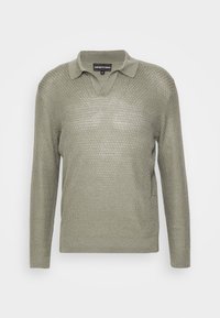 Green long-sleeve polo sweater with a v-neck, textured fabric, and ribbed cuffs. Features a standard collar and a relaxed fit design.
