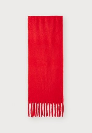 Roter, weicher Schal aus Wolle mit glatter Textur und langen, gleichmäßigen Fransen an beiden Enden. Rechteckige Form, ohne Muster oder Akzente.