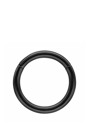 Schwarzer, runder Schlüsselring mit einem glatten, scharnierartigen Verschluss, der dazu dient, Schlüssel sicher zu halten.