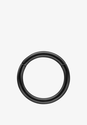 Black circular keyring with a smooth, hinged clasp, designed to hold keys securely in place.
