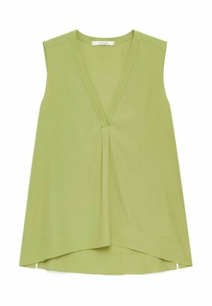 Blusa verde chiaro senza maniche con scollo a V, dettaglio a pieghe sul davanti e orlo leggermente curvo.