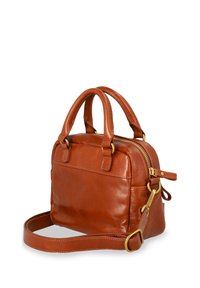 Borse a tracolla in pelle marrone con doppi manici superiori, una tracolla rimovibile, chiusura con zip e dettagli in metallo dorato. Forma rettangolare.
