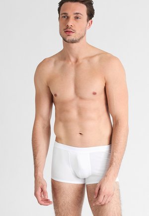 White cotton boxer briefs with an elastic waistband, featuring a front pouch and smooth texture, presented on a model without a shirt.