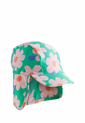 Chapeau vert à large bord orné de grandes fleurs roses et d'accents oranges. Fabriqué en tissu doux, avec des rabats pour la protection du cou.