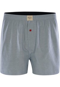 Světle modré bavlněné boxerky s elastickým pasem, s jedním červeným knoflíkem na zapnutí a štítkem s názvem značky. Hladká textura a pohodlný střih.