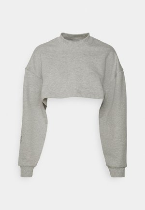 Vaaleanharmaa lyhyt collegepaita pitkillä hihoilla ja korkealla pyöreällä kauluksella, pehmeästä kankaasta.