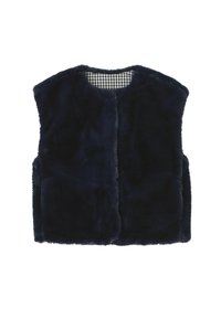 Gilet en fausse fourrure bleu marine avec une texture douce, un col arrondi et sans fermoirs. L'intérieur présente un motif check noir et blanc.