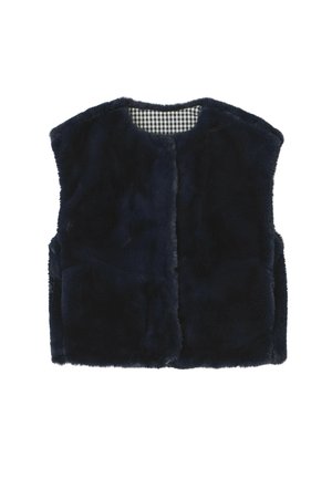 Gilet en fausse fourrure bleu marine avec une texture douce, un col arrondi et sans fermoirs. L'intérieur présente un motif check noir et blanc.