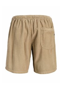 Shorts en velours côtelé beige avec taille élastique et une poche plaquée sur le côté droit, vus de dos.