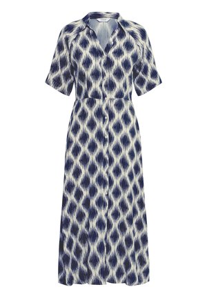 Midi šaty na gombíky s krátkymi rukávmi a námorníckym modrým abstraktným diamantovým vzorom na bielom pozadí.