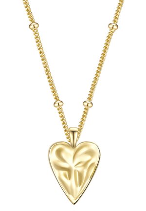 Collana con pendente a forma di cuore in oro su una catena a maglie, caratterizzata da una finitura liscia e lucida con accenti rotondi lungo la catena.