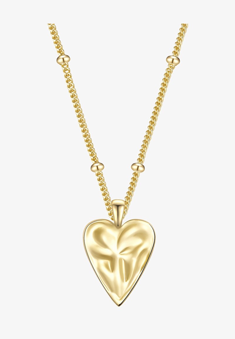 Zelta sirds piekariņš uz savērptas ķēdes, ar gludu, pulētu apdari un apaļām akcentiem ķēdē.