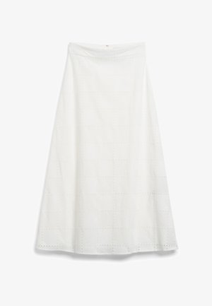 Valge puuvillane A-line seelik, millel on tekstureeritud ruuduline muster, aukudega detailid, kõvade vöökoht ning laienev hem.