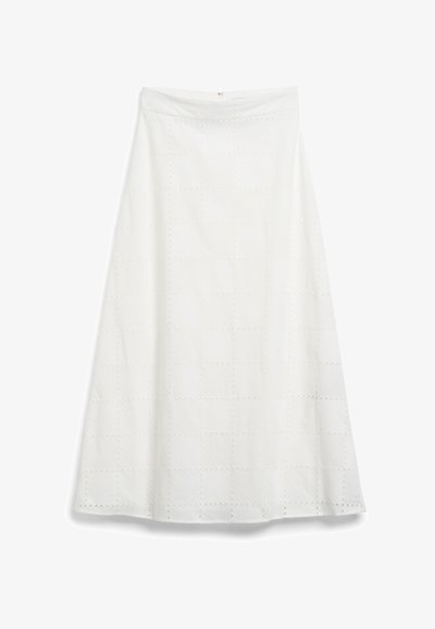 Fehér pamut A-vonalú szoknya, texturált kockás mintával, hímzett részletekkel, passzos derékpánttal és bővülő aljjal.