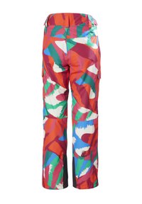 Pantalones cargo multicolores con un vibrante patrón abstracto en rojos, verdes, azules y blancos; diseñados con bolsillos y un corte relajado.