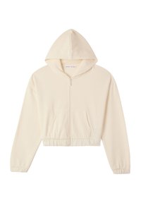 Felpa con zip di colore crema, dotata di cappuccio, due tasche frontali e polsini ed orlo elasticizzati. Realizzata in tessuto morbido e leggero.
