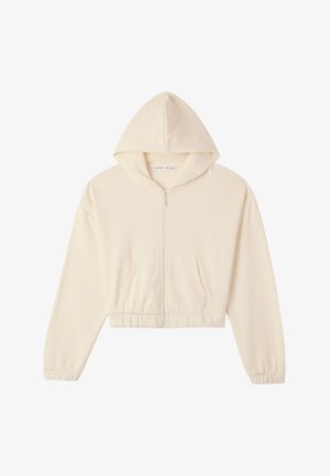 Felpa con zip di colore crema, dotata di cappuccio, due tasche frontali e polsini ed orlo elasticizzati. Realizzata in tessuto morbido e leggero.