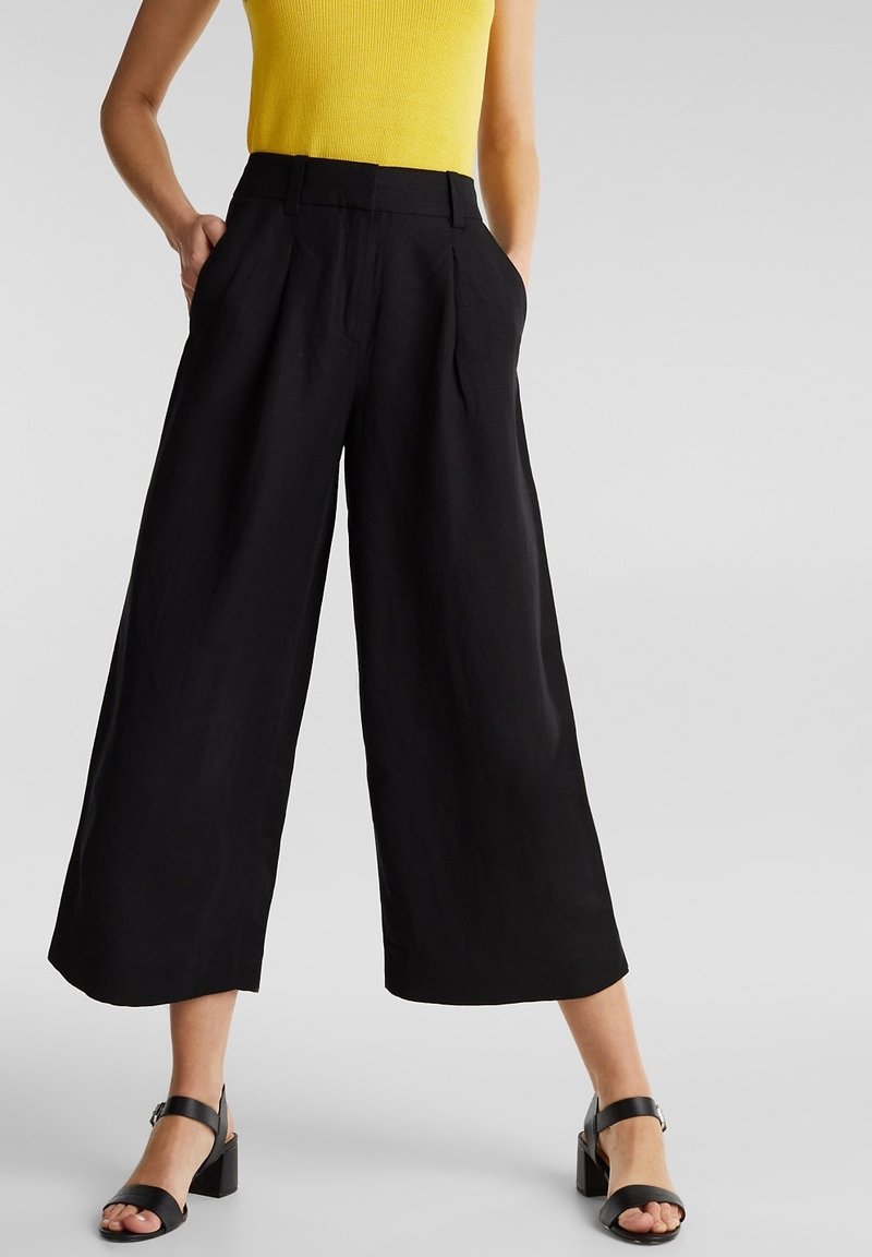 Personne portant un pantalon noir court à taille haute et jambes larges, un top jaune sans manches et des sandales noires à talon bloc avec brides à la cheville.