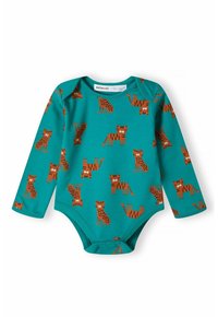 Bodysuit dugih rukava u tirkiznoj boji s uzorkom narančastih tigrova, napravljen od mekog materijala s kopčama na dnu.