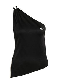 Czarny top na jedno ramię wykonany z miękkiego, gładkiego materiału z subtelnym geometrycznym wzorem i małym białym logo na piersi.